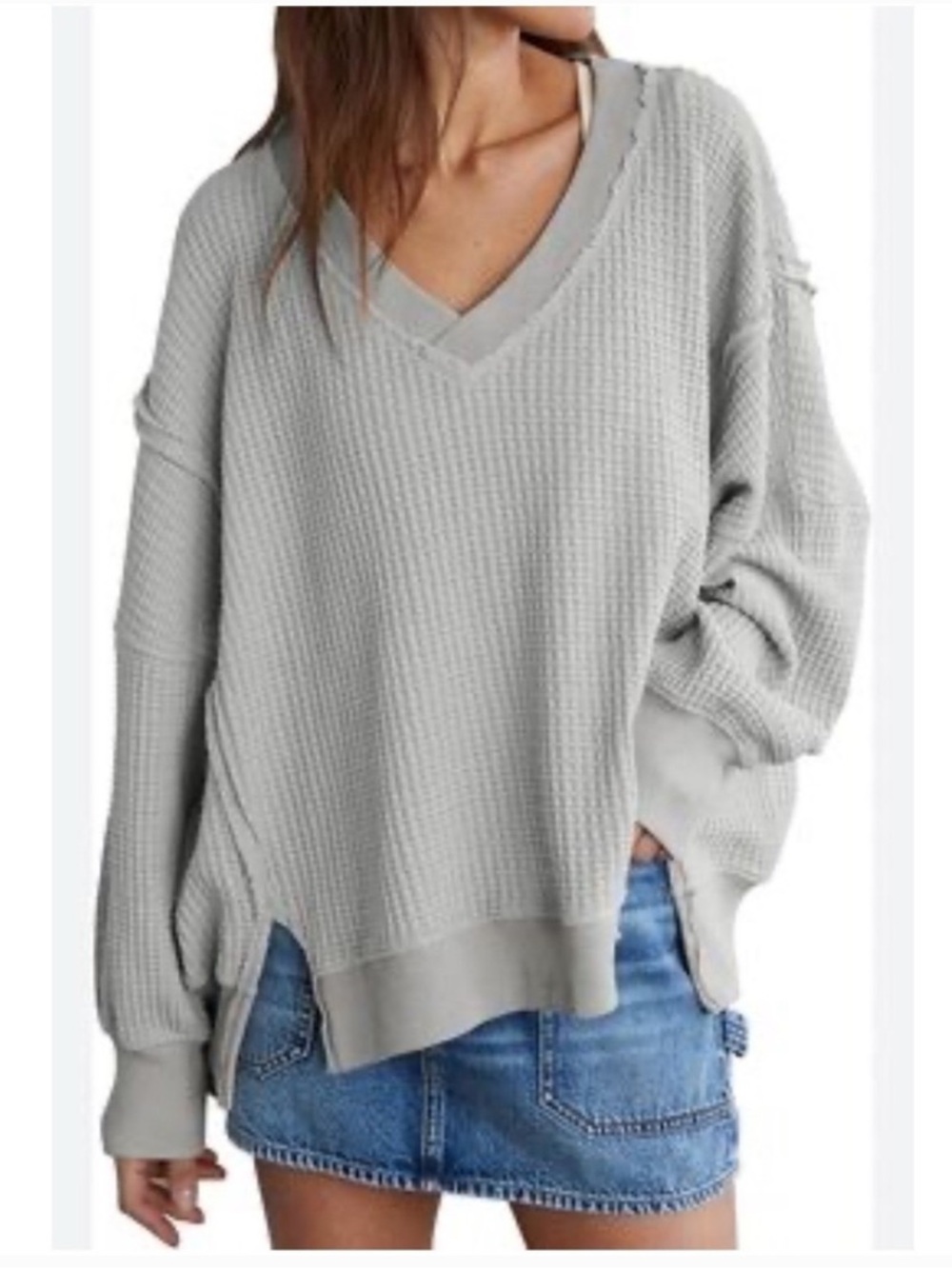 American Eagle Oversized Big Hug Waffle Sweatshirt XL V Neck Slouchy Distressed - Picture 11 of 13